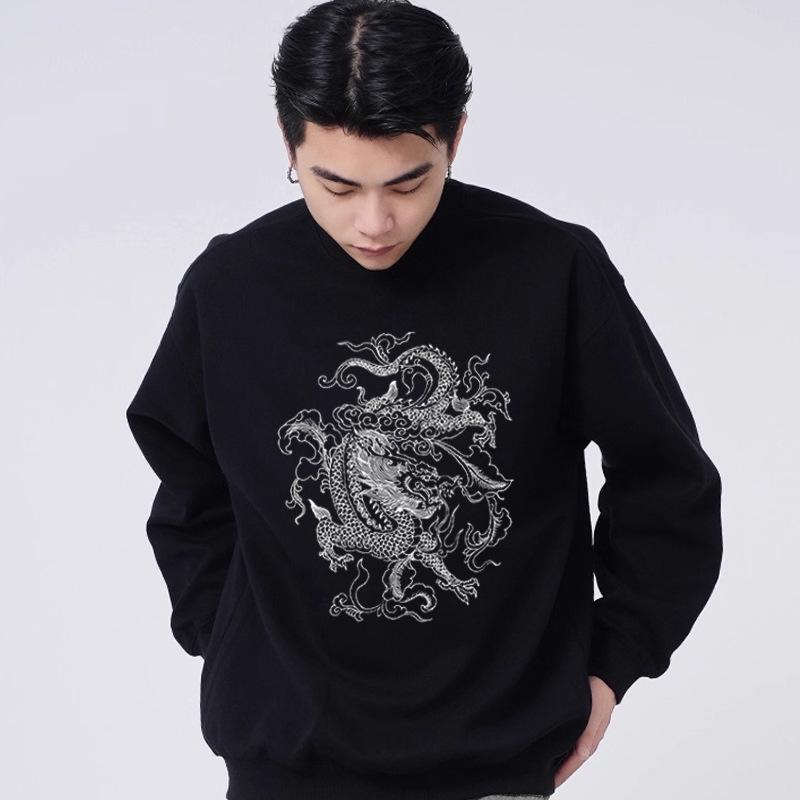 Kaiserlicher Fünfkrallen-Drachen Tuschemalerei Hoodie: Chinesischer Stil Langarm Tiger Muster für Herren