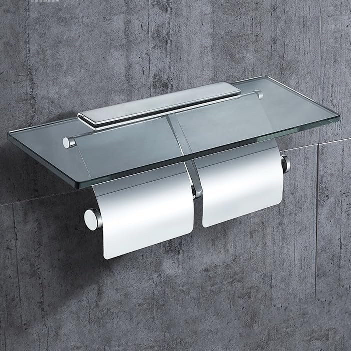 Jan étoile Toilet Paper Holder, Mirrored, Double Shelf, Stainless Steel and Tempered Glass, Wall-Mounted, with Top