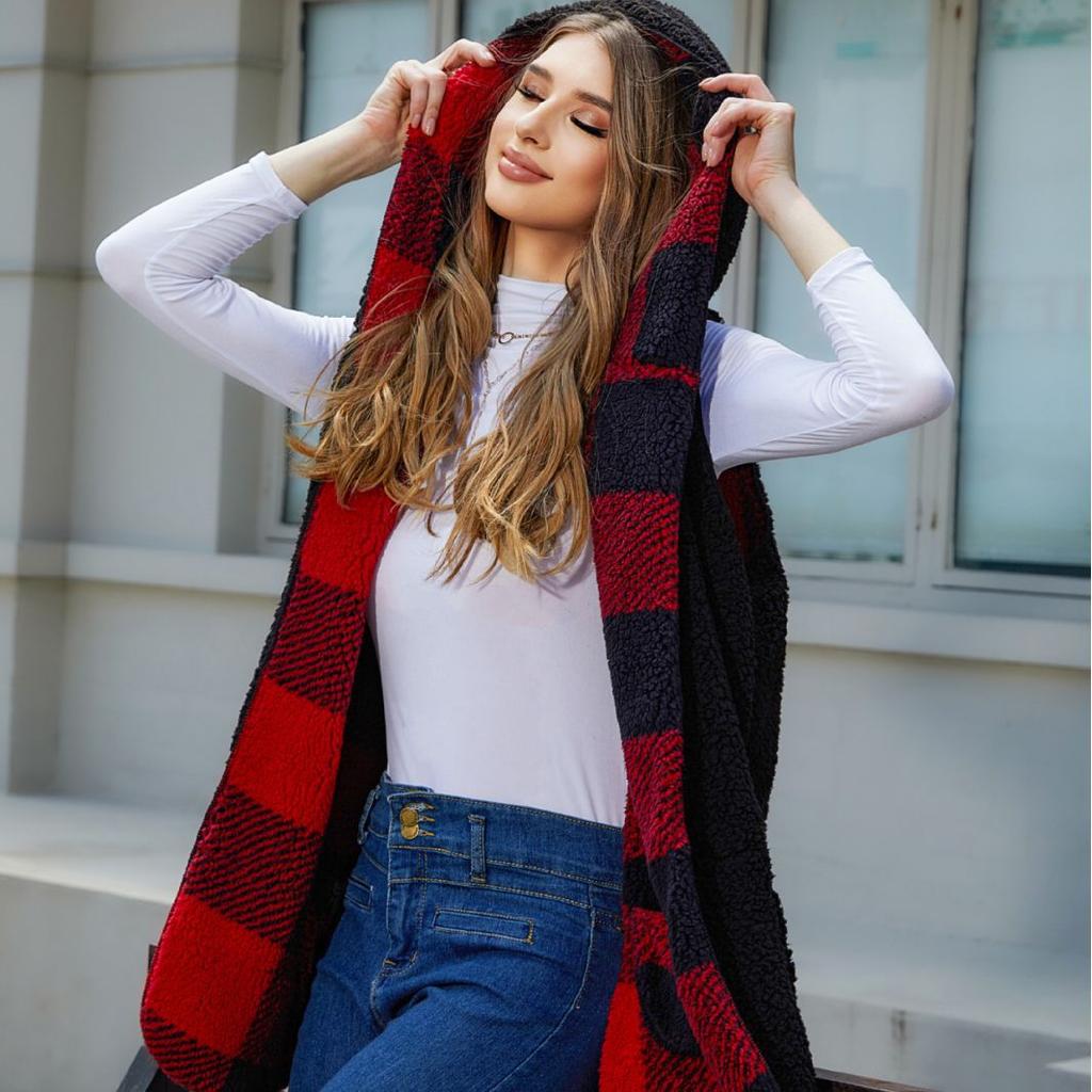 GMXIA Autumn Women's Collection Features Loose, Fashionable Hooded, Buttonless Cardigan and Plaid Plush Vest for Women