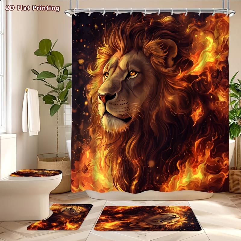 4Pcs Fire Lion Shower Curtain Set with Non-Slip Bath Mat, Toilet Lid Cover, Contour Rug & 12 Hooks, Bathroom Decor