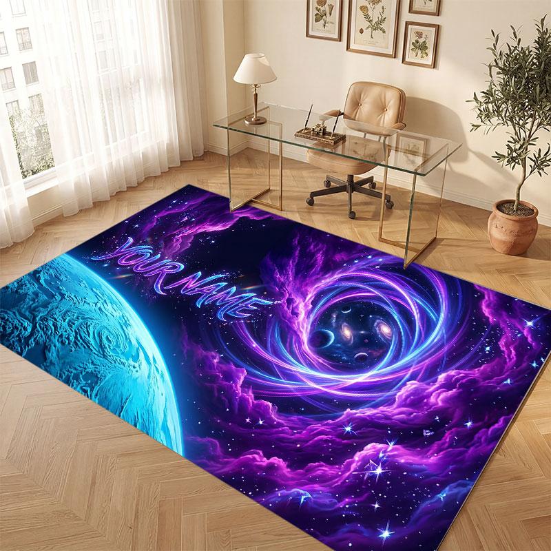 Space Cosmic Theme Crystal Velvet Floor Rug Personalized Custom Name Text Warm Carpet Home Decoration