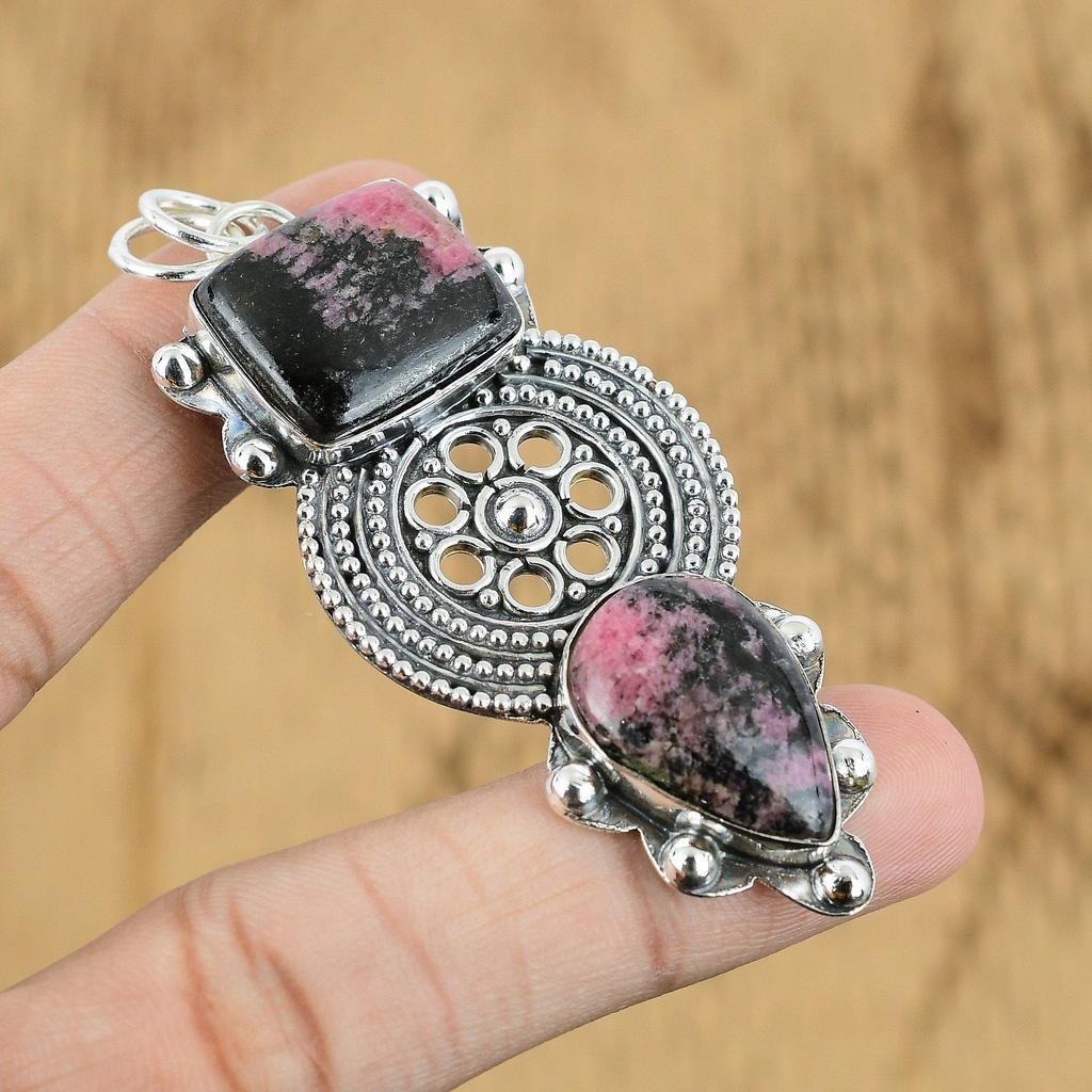 Anniversary Gift For Her Natural Rhodonite Gemstone Pendant 925 Sterling Silver
