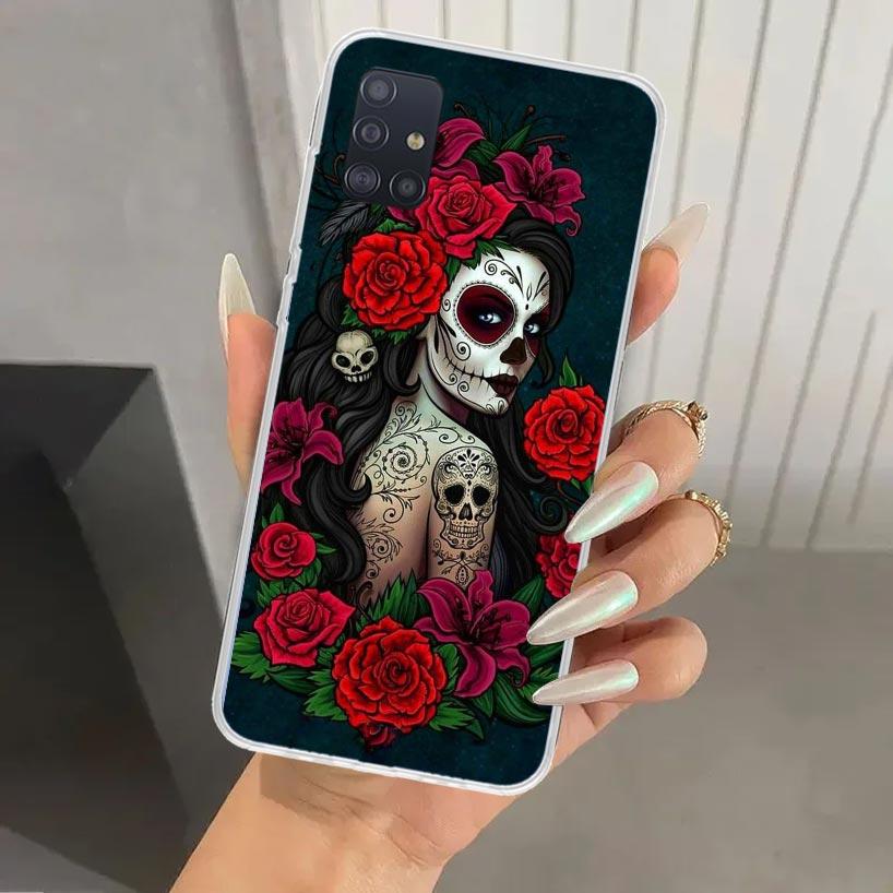 Catrina Beautiful Rose Girl Skull Phone Case for Samsung Galaxy A52 A42 A32 A22 A12 A02S A72 A51 A50S A41 A31 A21S A71 A40 A30S