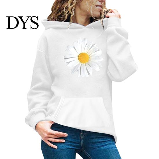 Autumn Hoodie Spring with Big Front Pocket Flower Printing Long Sleeve Daily Wear Pullover Elastic Cuffs Thic Hooded Sweatshirt Sport Top