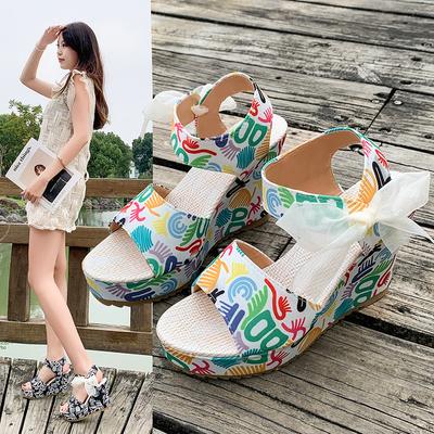 Damen Sandalen Abstrakter Druck Schleife Dekoration Keilsandalen Frau Sommer Retro Ethnisch Druck Plateau Schuhe Übergröße 42