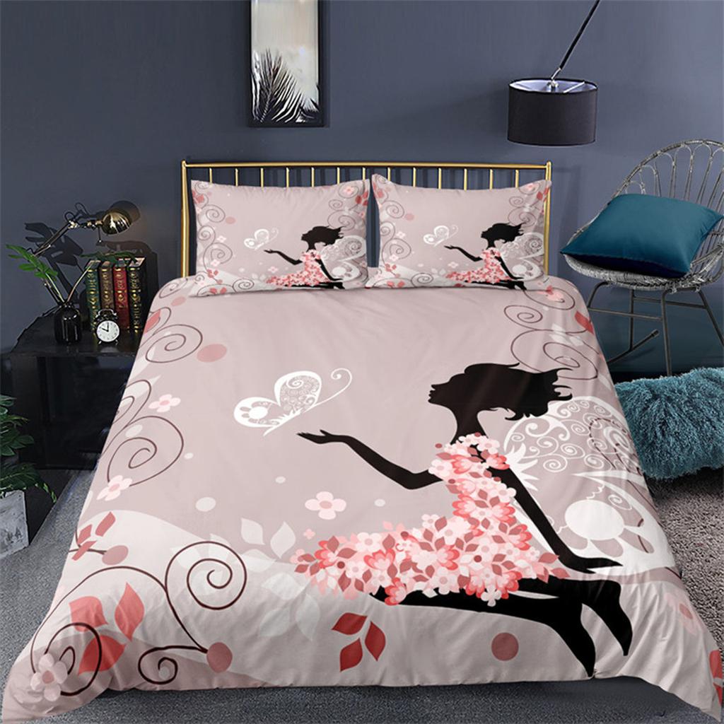Cartoon Girly Butterfly Duvet Cover Lovely Pink Flower Fairy with Wings Romantic for Children Women Gifts for Bedroom Decoration