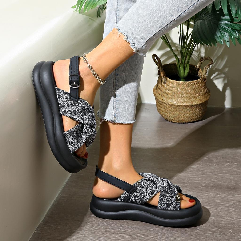 Sandals Woman Leather Low-heeled Rome Fabric Slides Rubber Hoof Heels Low Sandals Woman Leather Low-heeled Fabric Rubber