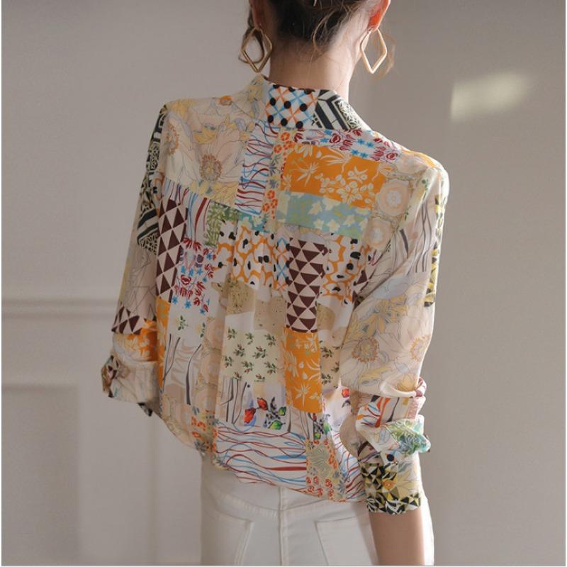 Women S Loose Long Sleeve Printed Turn Down Collar Casual Blouse Shirt