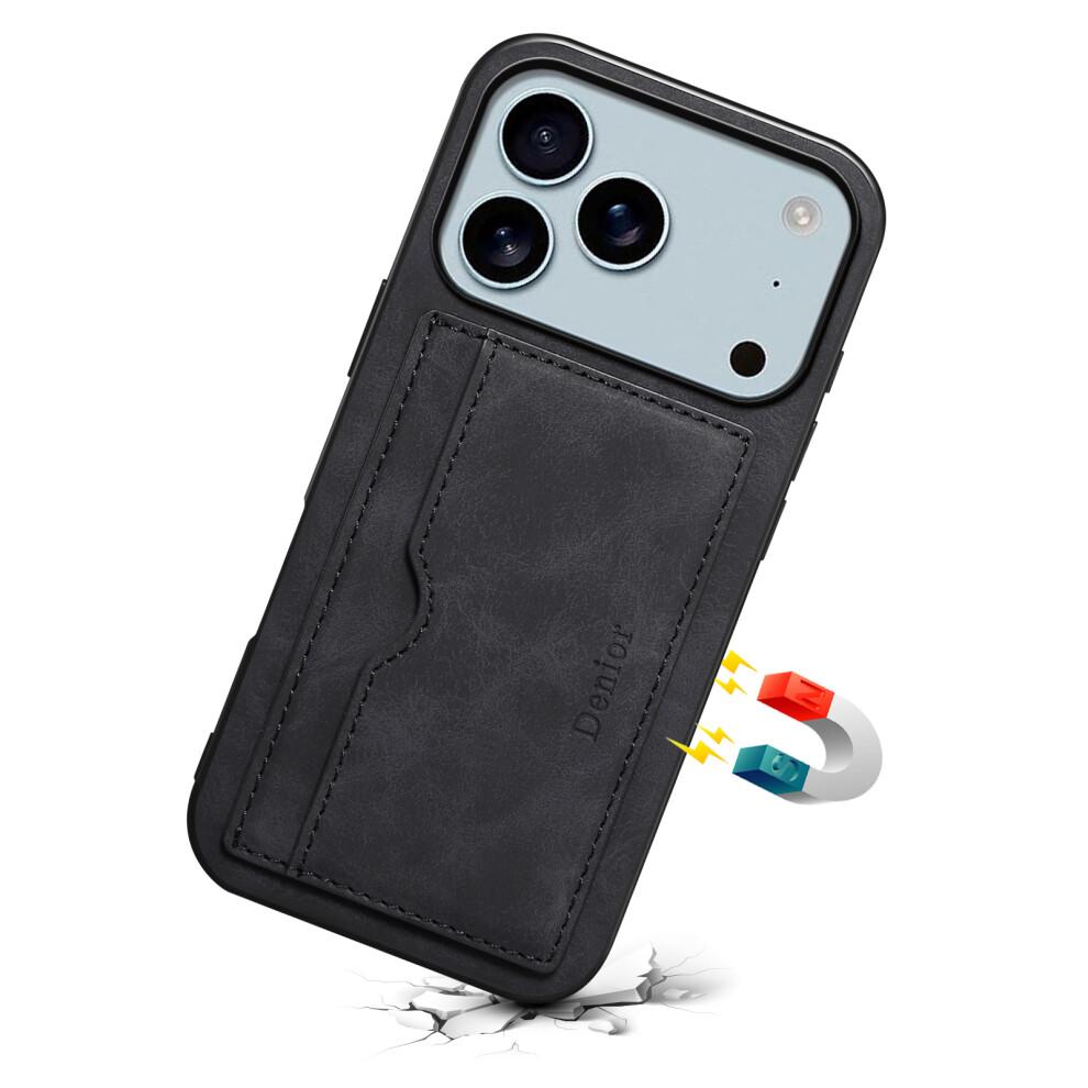 (iPhone 17 Pro, Black) DENIOR For iPhone 17 Pro Case Card Holder Kickstand Leather Phone Back Cover