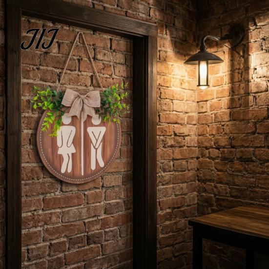 Wooden Hanging Sign for Home Restroom Sign, Men's And Women's Toilet Bathroom Wall Gender Neutral Round Rustic Farmhouse Plaque Washroom Decor