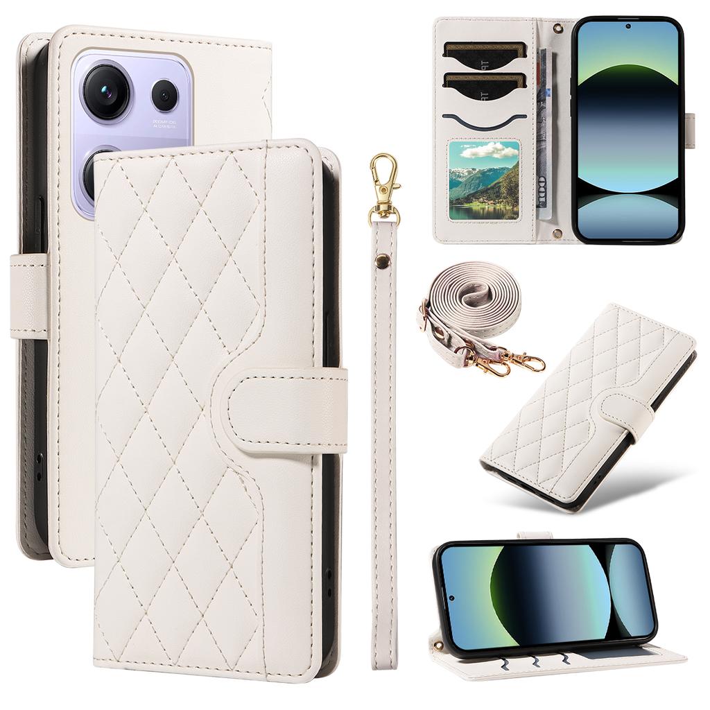 For Xiaomi Redmi Note 14S 4G/Xiaomi Poco M6 Pro 4G/Xiaomi Redmi Note 13 Pro 4G Wallet Case Rhombus Leather Phone Cover with Strap