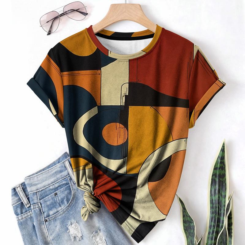 T-shirt da donna estiva a girocollo a maniche corte con motivo astratto stampato in 3D, artistica, leggera, casual e alla moda