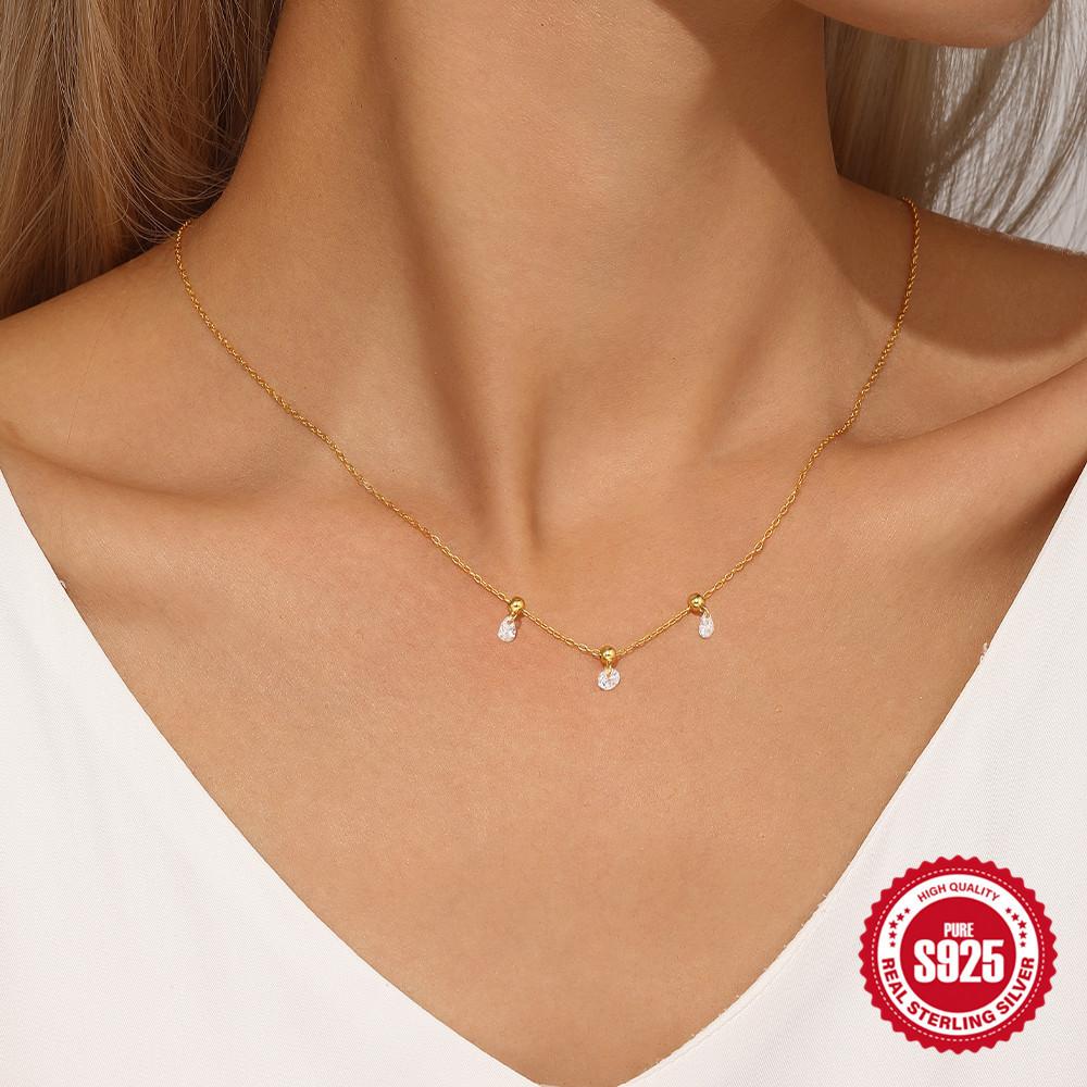 Wind Commuter Simple Wear S925 Sterling Silver Adjustable Geometric Zircon Drape Necklace Clavicle Chain