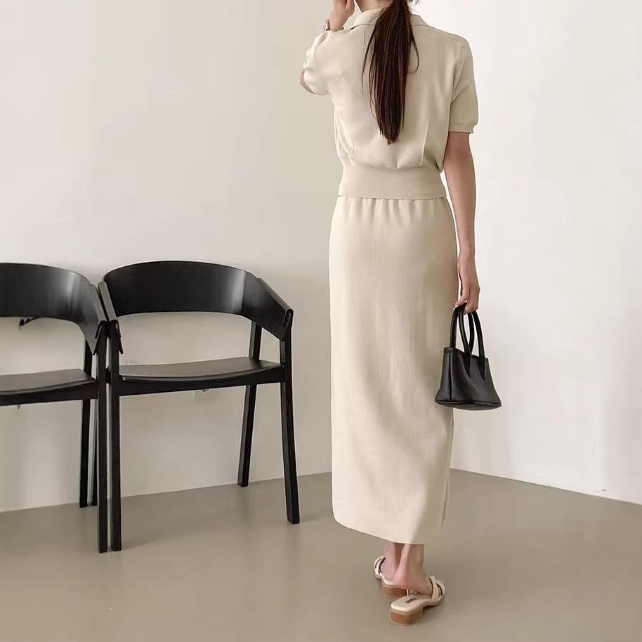 Cross-border Spring High-end Knitted Suit Fashion Polo Collar Buttons + Slim-fit Medium and Long Skirt Knitted Two-piece Set for Women