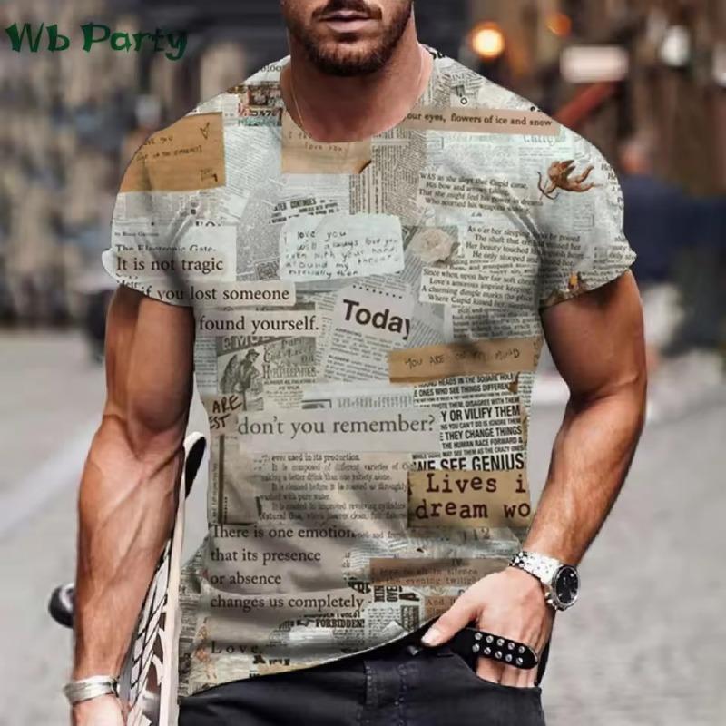 

Летняя винтажная мужская дизайнерская одежда с газетным принтом, мужская летняя одежда, 3D футболка, футболка с коротким рукавом, рубашки с газетным принтом, графическая футболка 6XL