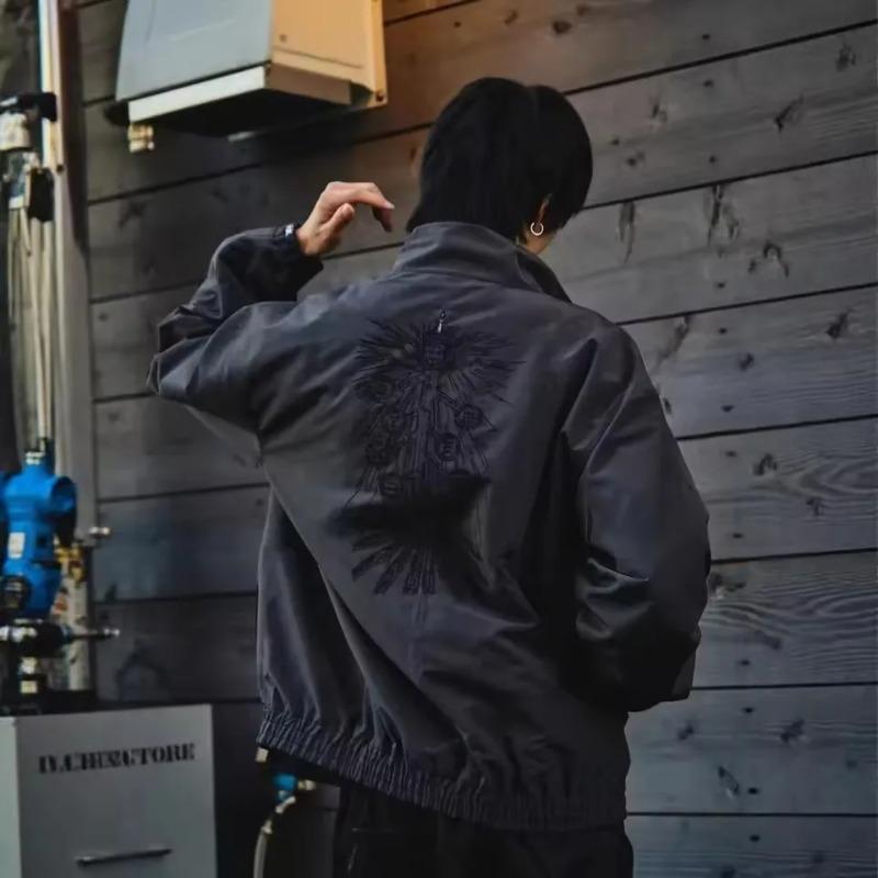 DRIPX Trendy Black Patterned Embroidered Jacket Y2K Men and Womens Street Style Loose Oversized Casual Jacket with Decorative Details