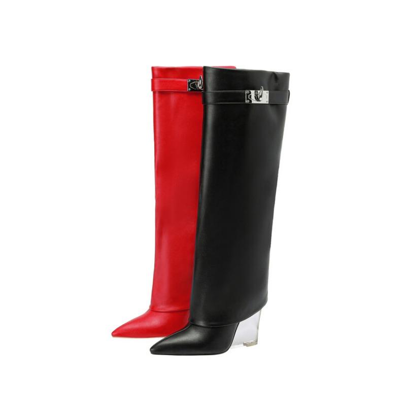 Fashion New Crystal Slope Belt Buckle Decorative Skirts Boots Fashion High Heels Black Red Size 34-43 Knee High Boots Winter Women Shoes