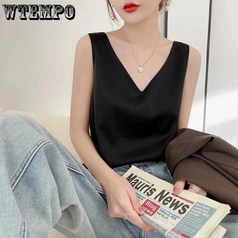 WTEMPO Women V-neck Sleeveless Blouses Elegant Silk Satin Vests Female Summer 2023 Casual Loose Tanks & Camis Solid Green Tops