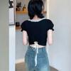 New ArrivalS Open Run Women S Lace Decoration Ribbon Puff Sleeve Crop Short Slee