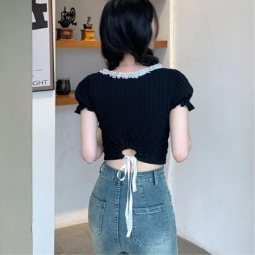 New ArrivalS Open Run Women S Lace Decoration Ribbon Puff Sleeve Crop Short Slee