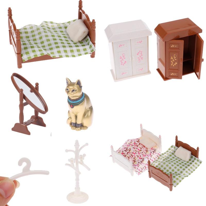 1:12 Dollhouse Miniature Bedroom Wardrobe Cabinet Single Bed Mirror Clothes Shelf Coat Hanger Model Furniture Accessories Toys