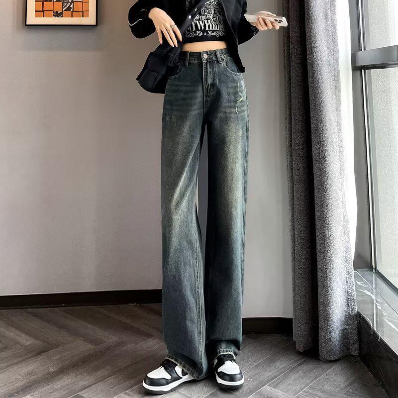 Women's Retro Wide-Leg Jeans - Cement Grey, High-Waisted, Slimming, Autumn/Winter European Style