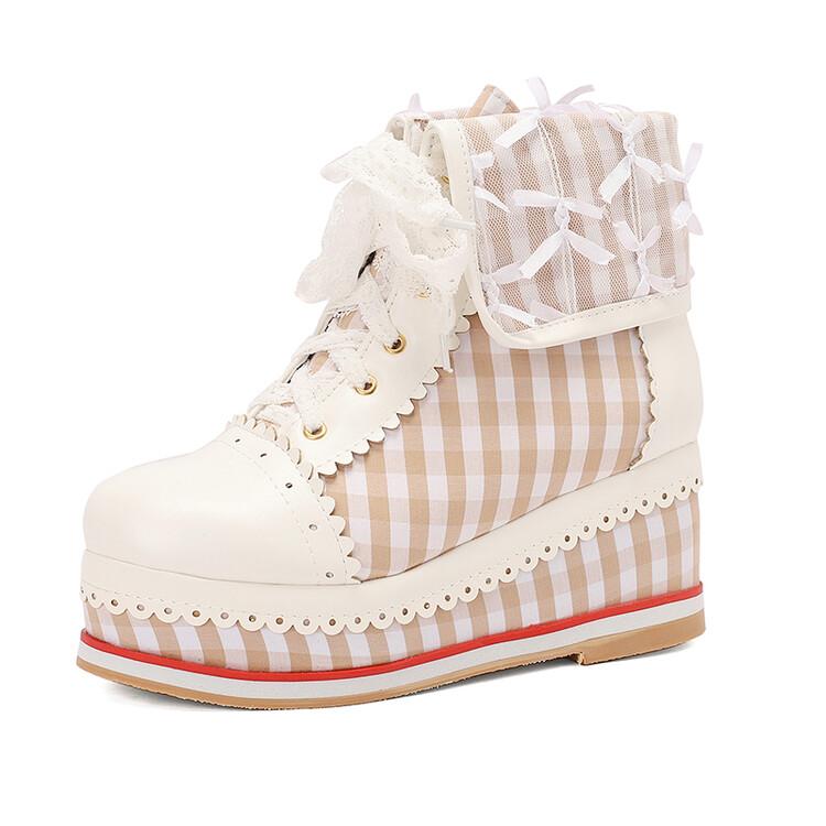 7cm Kilehæl Rund Tå Korte Støvletter Rutete Sløyfe Blonder Stoff Lær Spleis Enkel Sko Hverdagsbruk Casual Damesko 35-45