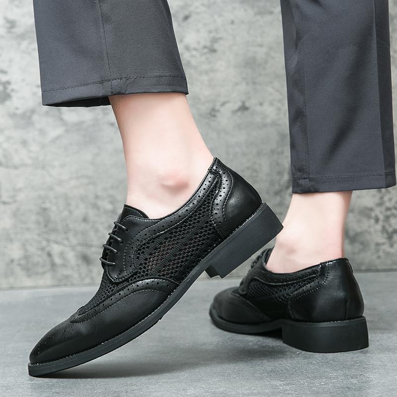 Britain Men Pointed Black Breathable Mesh Patchwork Casual Dress Homecoming Brogues Shoes Male Formal Wedding Oxfords Footwear