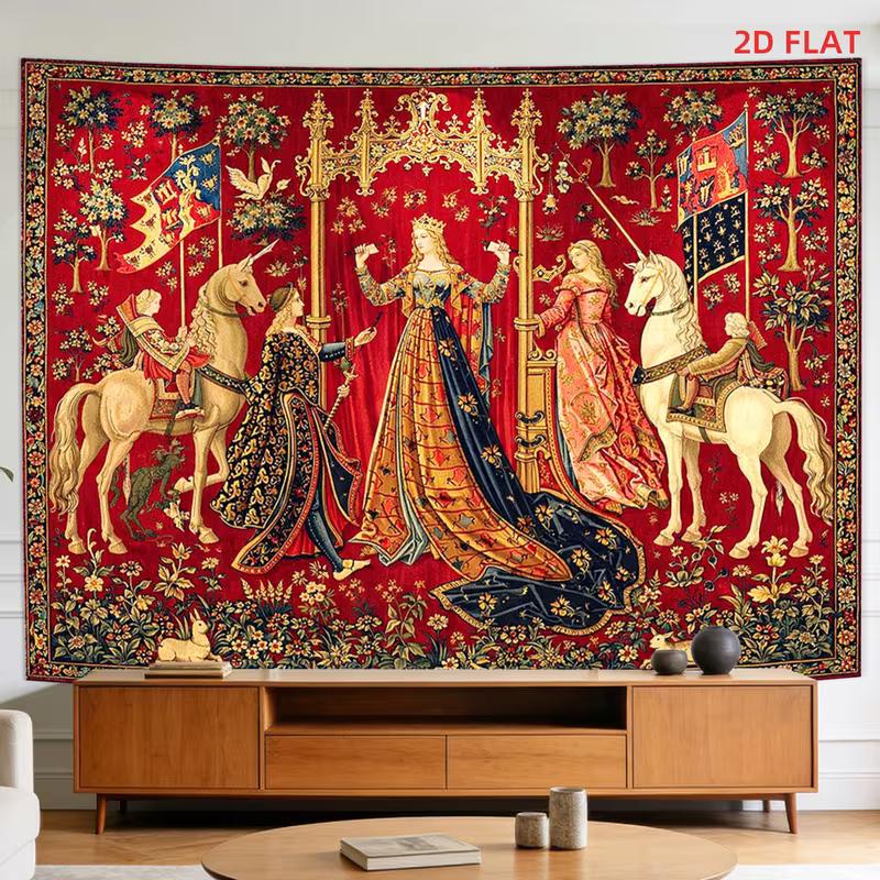 2D Red Floral Medieval Tapestry Unicorn Court Scene Wall Hanging 47.2x31.5inch/120*80cm