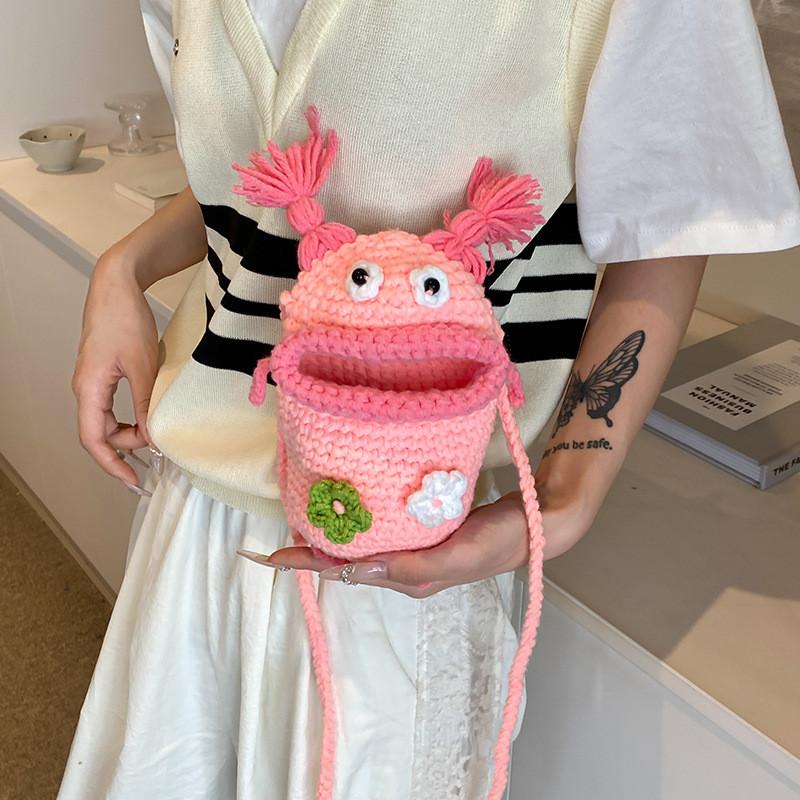 Adorável e Colorida Bolsa Balde Infantil de Crochê em Estilo Desenho Animado Para Crianças