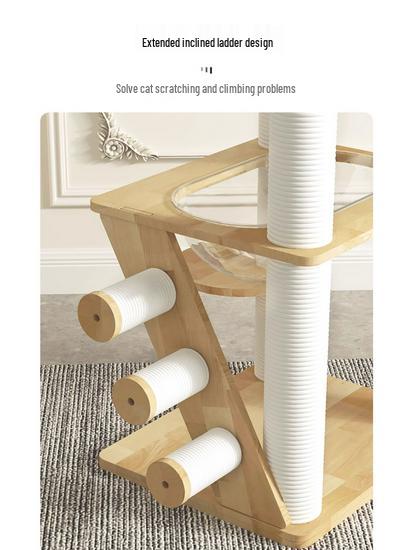 Solid Oak Cat Tree with Wall-Mounted Space Capsule Bed