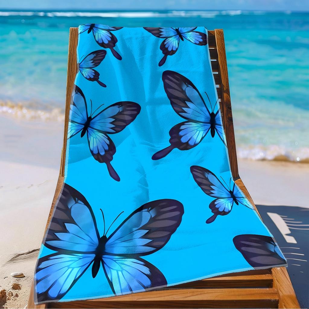1Pc Microfiber Beach Towel Waterproof Sandproof 2D Flat Printed Blue Butterfly Summer Vacation Pool Lounge Chair Blanket Travel