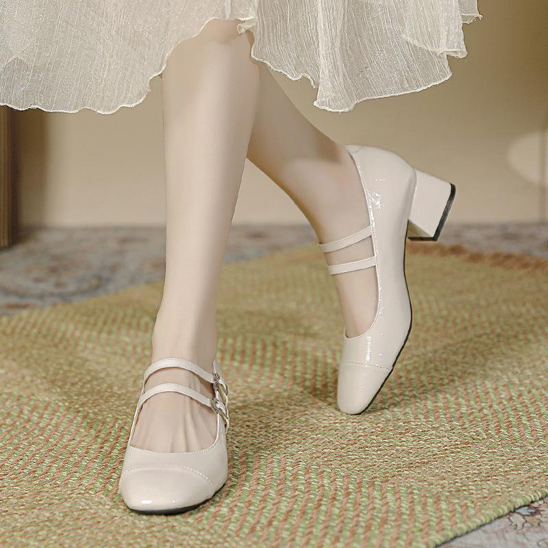 2025 Summer New French Square Head Mary Jane Sheepskin~ Thick Heel with Skirt Temperament Silver High Heel Single Shoes