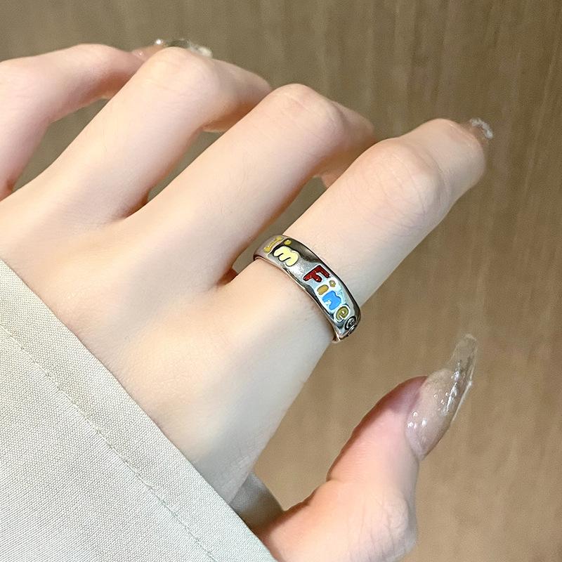 Rainbow Letter Niche Design, Simple Fashion, Dripping Oil, Retro Personality, High-End Sense Of Open Ring For Women Adjustable opening