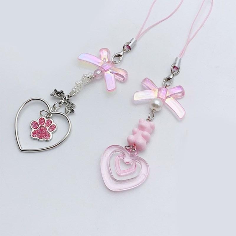 Bowknot Heart Pendant Cellphone Strap Phone Chain Detachable Beaded Phone Lanyard Handmade Keychains for Wallet Bag