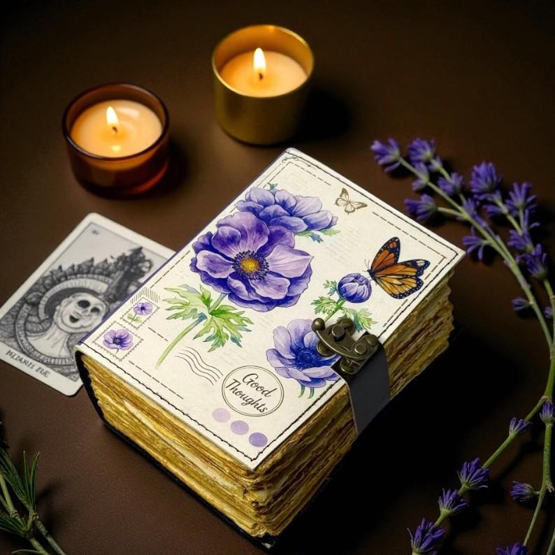 Lavender Floral Leather Journal | “Good Thoughts” Handmade Diary 5×7" | 200 Deckle Edge Pages | Butterfly Botanical Art Notebook with Lock