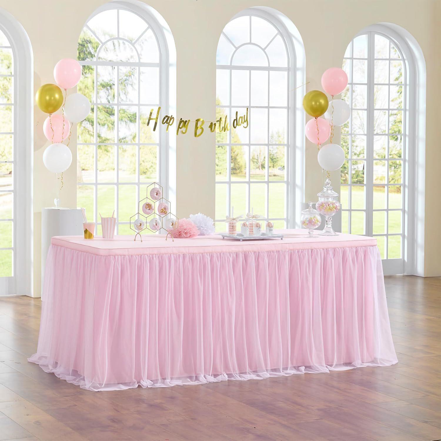 6ft Rectangle Table Skirt Polyester Ruffle Tulle Table Skirt for Wedding Bridal Birthday (75x183cm) C