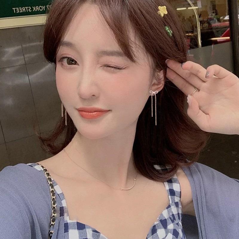 Korean Fashion Long Crystal Bow Tassel Earrings for Women Jewelry Trending Luxury Pearl Bowknot Earrings