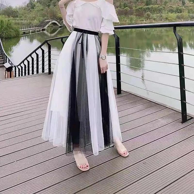 WTEMPO Dámské síťované sukně Jaro Léto Elegantní tylová sukně Dámská elastická s vysokým pasem Dlouhé skládané sukně Dvoubarevná panelová tutu sukně