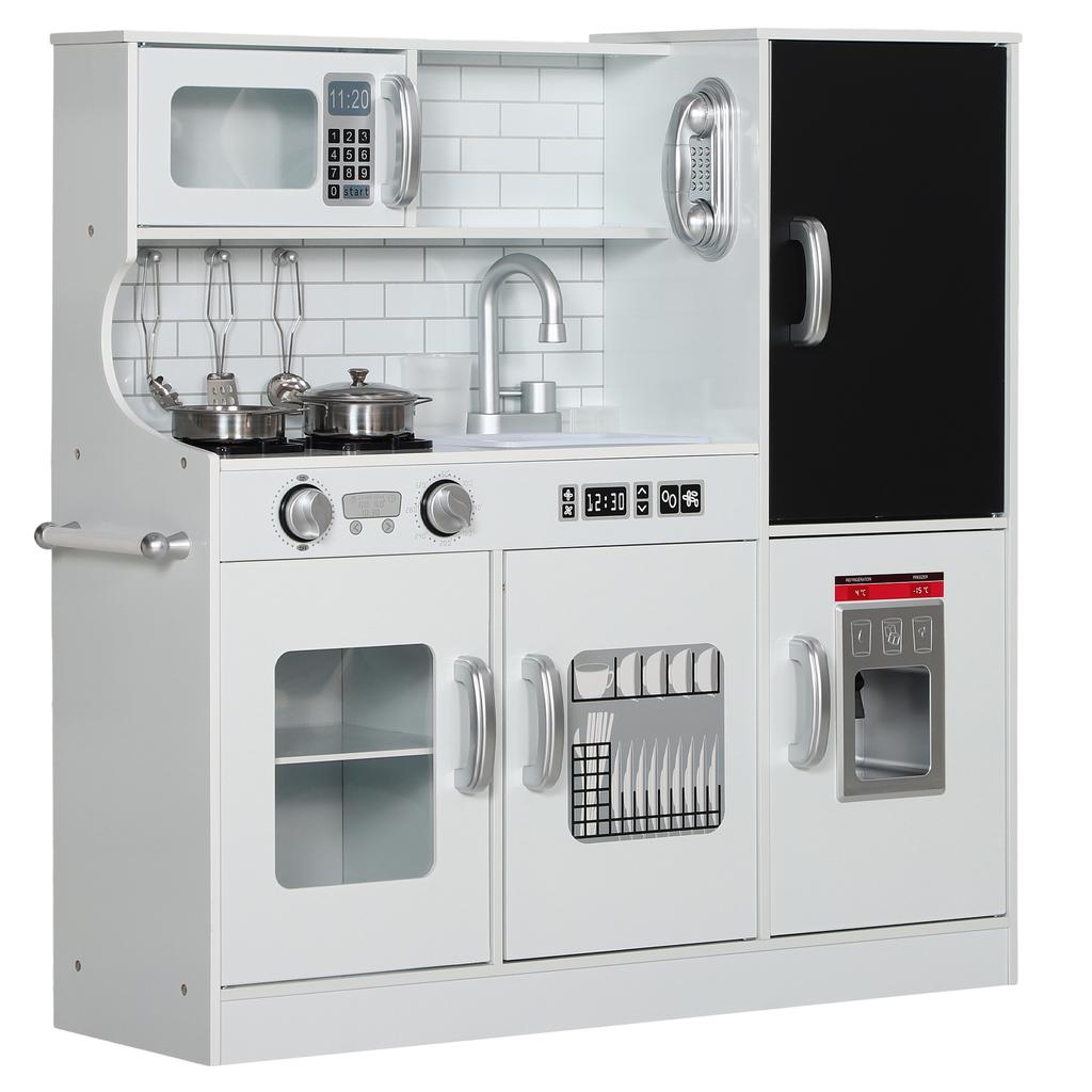 Pretend Play Kitchen, Kids Kitchen Playset, with Toy Phone, Chalkboard, Microwave, Cooking Stove, Sink, White