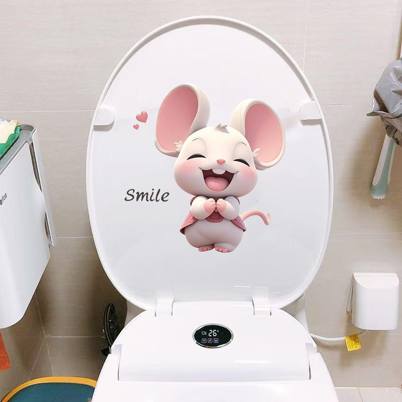 Self-adhesive Cute Cartoon Smiling Mouse Toilet Stickers for Bathroom Toilet Seat and Tank Home Decor