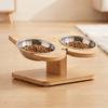 Wooden Pet Feeding Stand with Stainless Steel Bowls Compact for Cats, Young Dogs