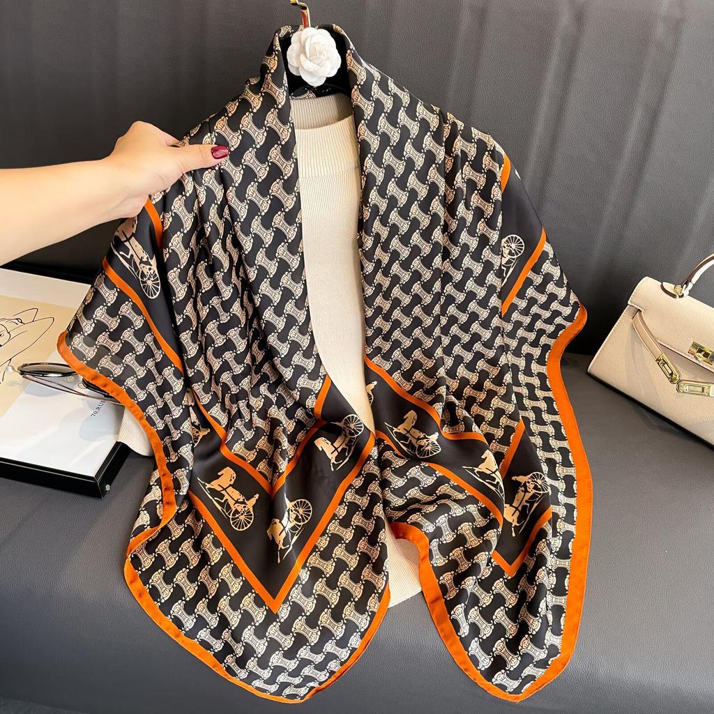 Women's Retro Fashion Mulberry Silk Feel Square Scarf - Summer Faux Satin, Sun Protection, 90cm