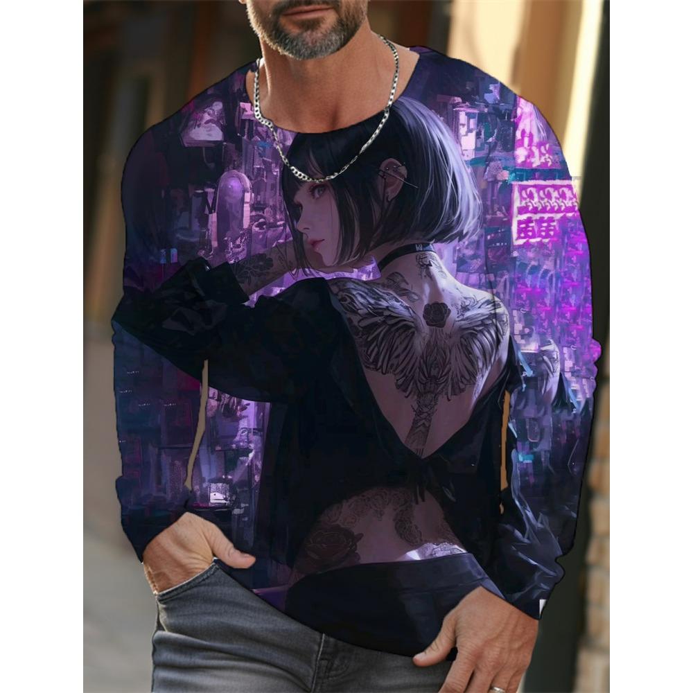 new men's long-sleeved T-shirt 3D printing HD anime tattoo beauty printing men's autumn tops casual round neck home clothes
