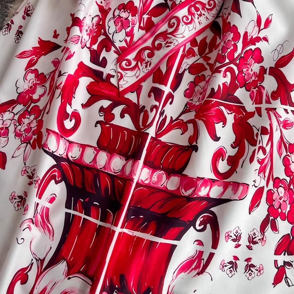 Autumn Holiday Red Blue And White Porcelain Maxi Dress Women Long Sleeve Single Breasted Lace Up Belt Flower Print Robe