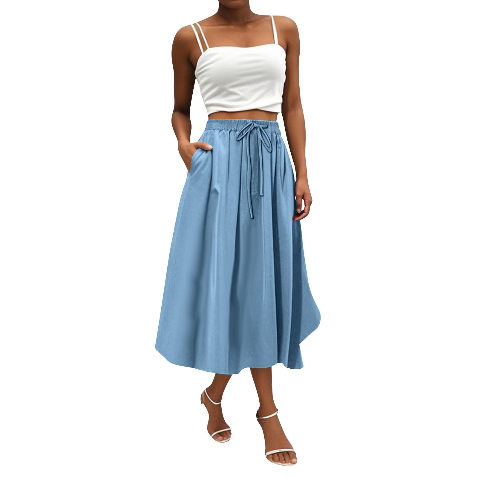 Women s High-Waisted A-Line Midi Skirt with Pockets and Adjustable Waist Tie in Elegant Orange L