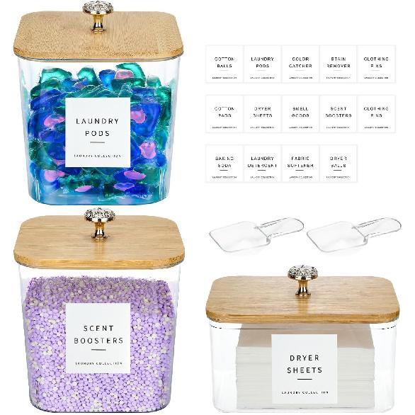 3 Pack Laundry Room Organization Storage Containers Acrylic Laundry Pod Containers and Dryer Sheet Holder with Lids and Labels for Laundry Detergent
