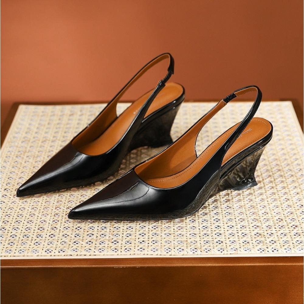 Women Pointed Toe Wedge Heel Pumps Versatile Shallow Mouth Thick Sole Exposed Heel Autumn Dress Shoes