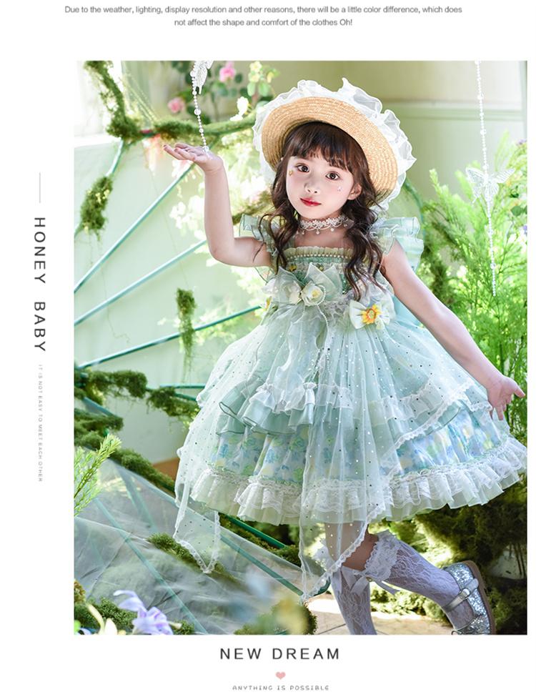 Girl Lolita Princess Dress Summer 2026 New Green Flower Puff Dress Super Fairy Fantasy Children's Dress