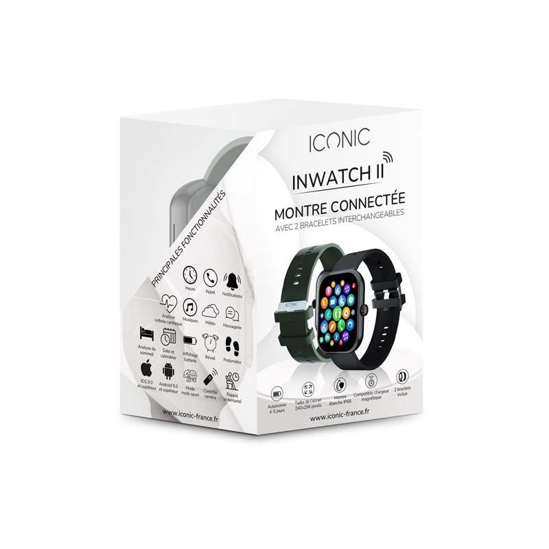 Montre Connectée Cadran Noir 2 Bracelets Silicone Noir Et Kaki Inwatch Ii Black Iconic